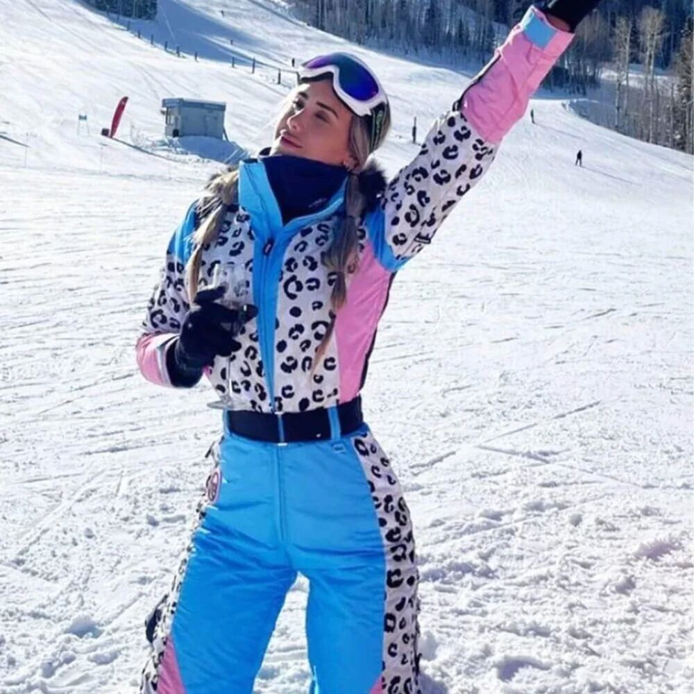 Tipsy Elves Ski Snow Suit Women's Size XS Snow Leopard Pink Blue Faux Fur Read